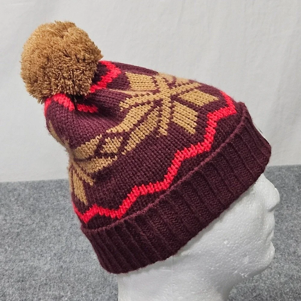 North Face Beanie Hat Burgundy Red Snowflake Knit Pom Pom Winter Skier Gorpcore